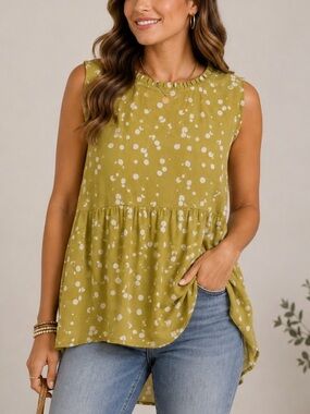 mittoshop Mustard Yellow Sleeveless Dot Ruffle Neck Tank
